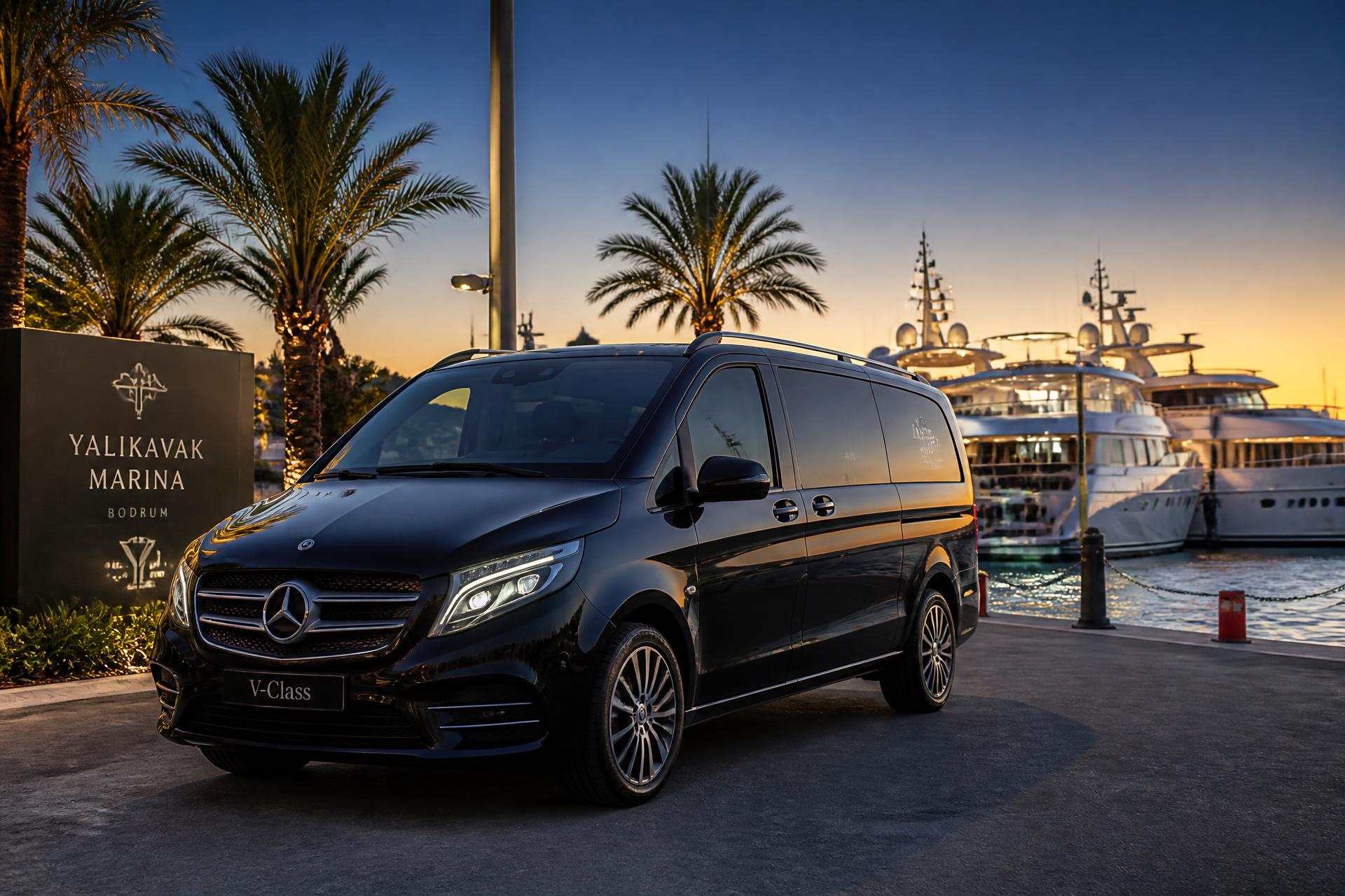 Yalıkavak Marina önünde bekleyen siyah VIP transfer aracı